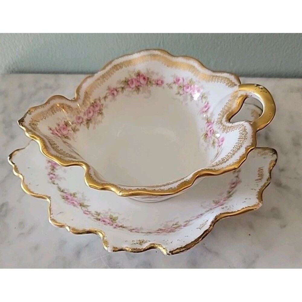 Antique ELITE LIMOGES France Heavy Gold FLOWERS Small Gravy Boat w Underplate